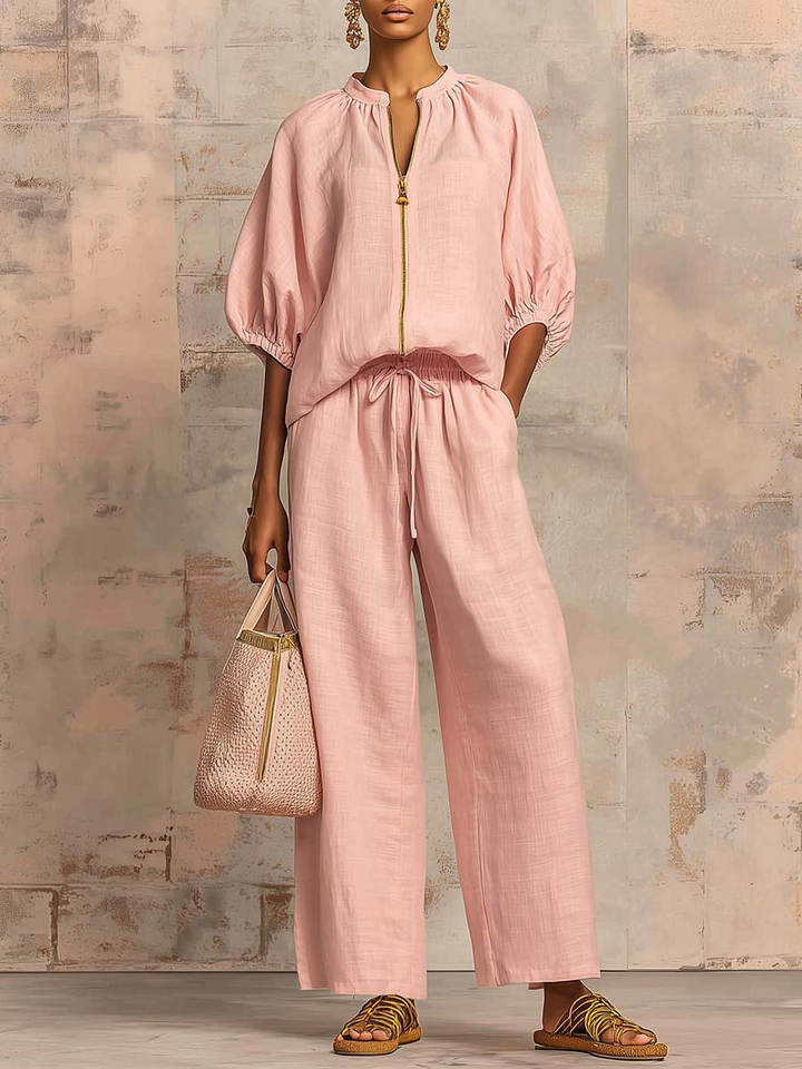 Set di Due Pezzi in Lino Cotone con Camicia Elegante e Pantaloni a Gamba Larga