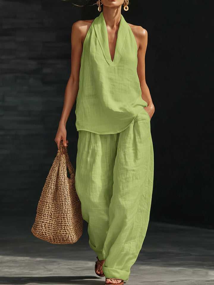 Set di due pezzi minimalista in lino, casual e accogliente