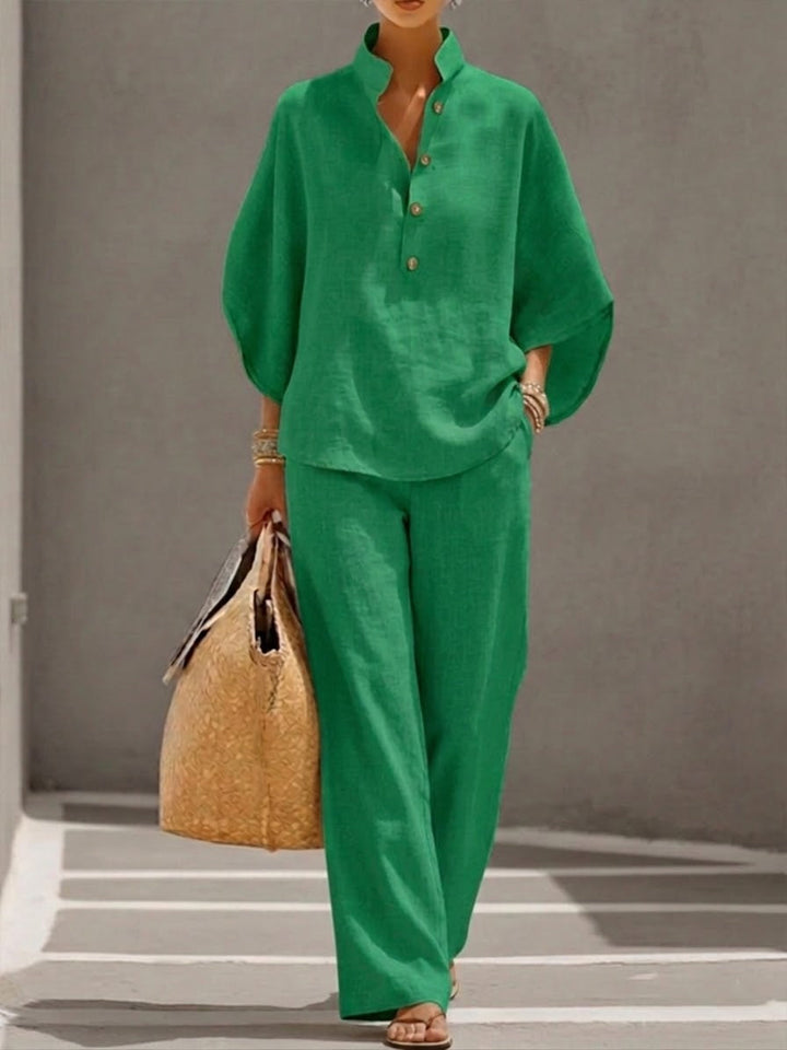 Set Due Pezzi in Lino Cotone con Maniche a Pipistrello per Donna – Camicia Casual & Pantaloni a Gamba Larga