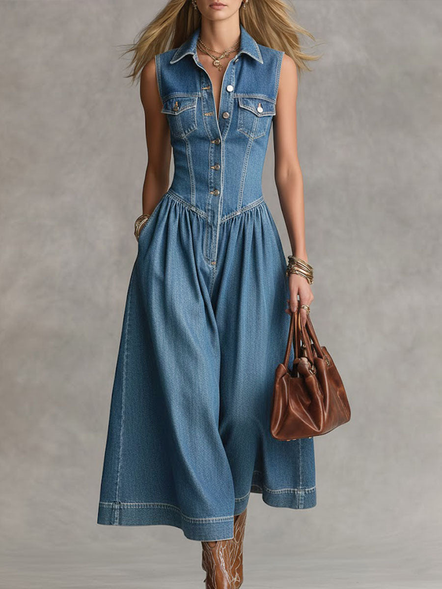 Salopette ampia in denim senza maniche da donna con colletto a revers