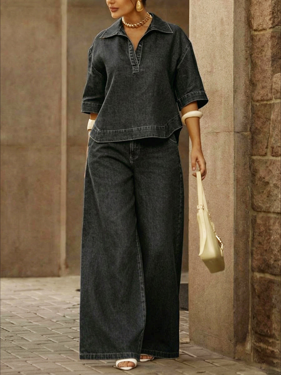 Completo Due Pezzi Top in Denim 100% Cotone e Pantaloni a Gamba Larga per Donna