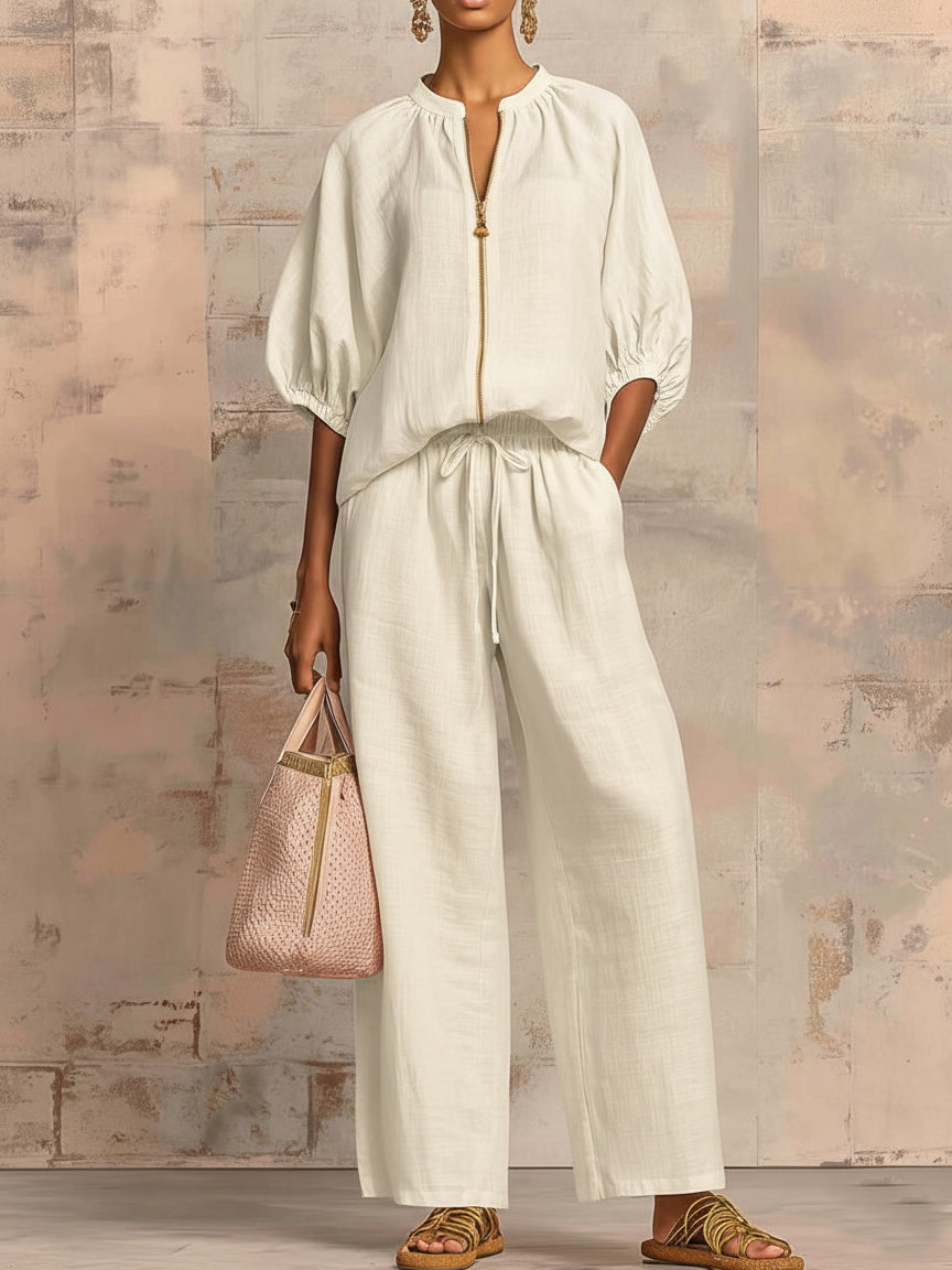 Set di Due Pezzi in Lino Cotone con Camicia Elegante e Pantaloni a Gamba Larga