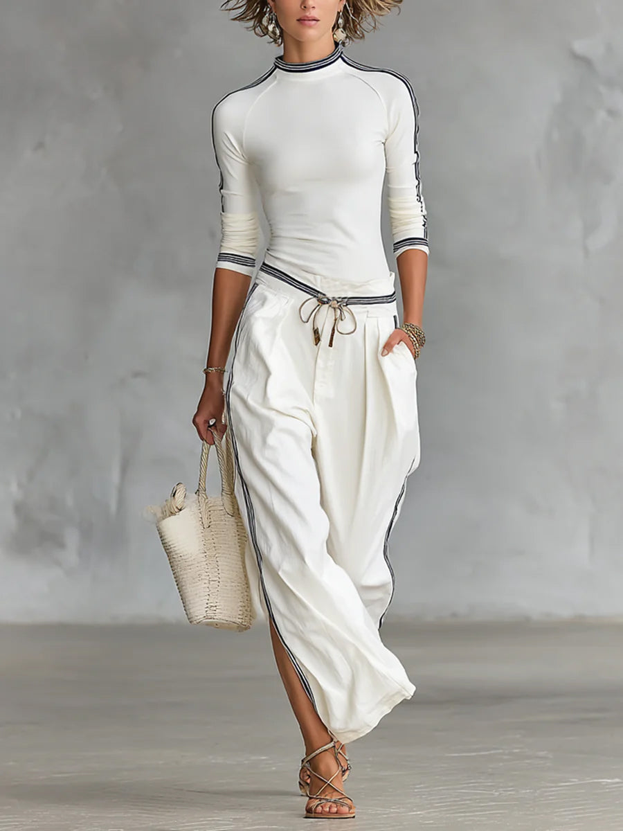 Set di Top in Maglia Stretch Confortevole da Donna e Pantaloni in Lino e Cotone