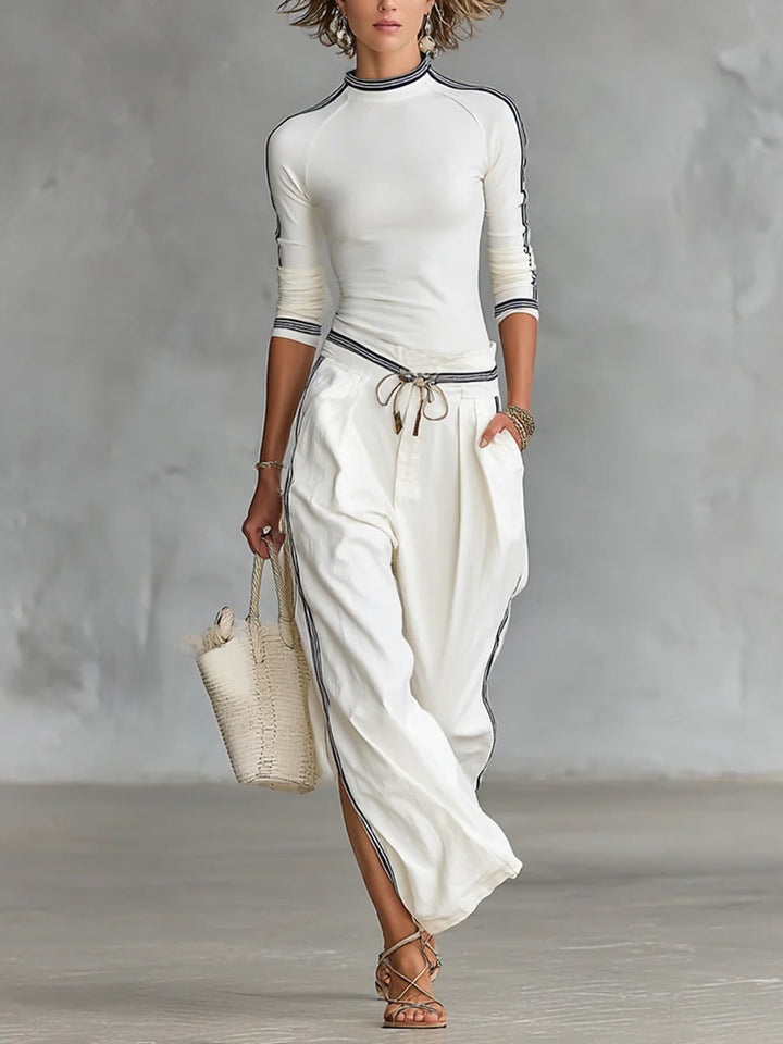 Set di Top in Maglia Stretch Confortevole da Donna e Pantaloni in Lino e Cotone
