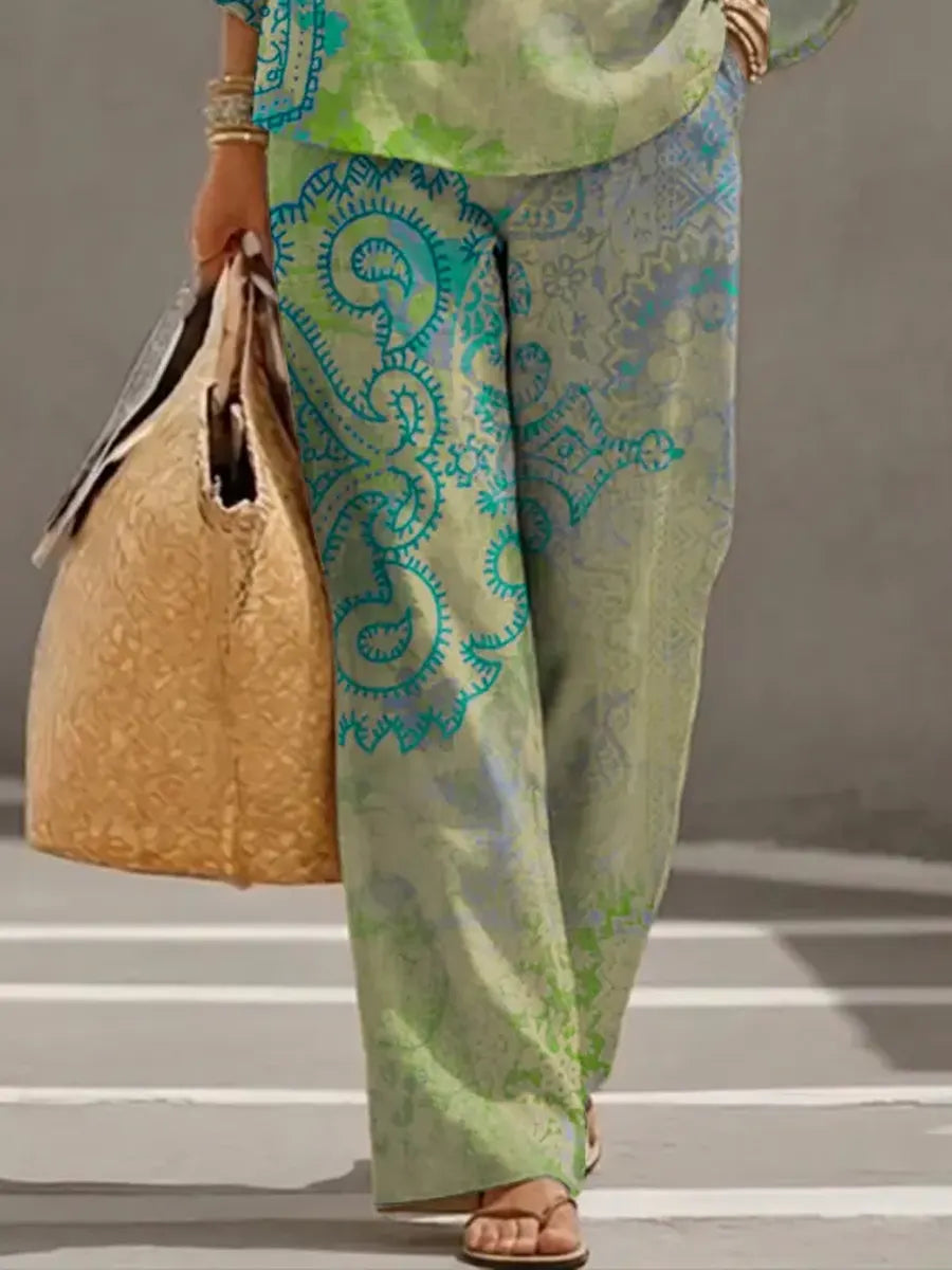 Top e Pantaloni Casual in Cotone Lino con Stampa Artistica Floreale Retro per Donna con Maniche 3/4