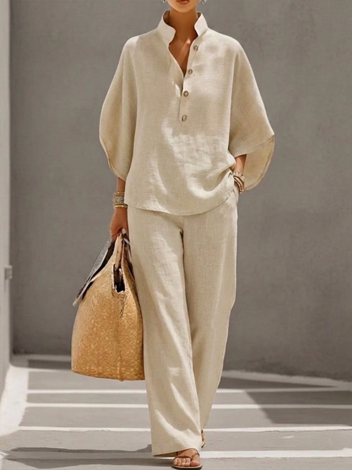Set Due Pezzi in Lino Cotone con Maniche a Pipistrello per Donna – Camicia Casual & Pantaloni a Gamba Larga