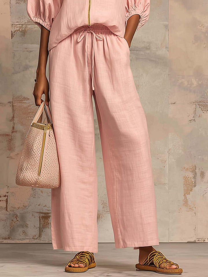 Set di Due Pezzi in Lino Cotone con Camicia Elegante e Pantaloni a Gamba Larga