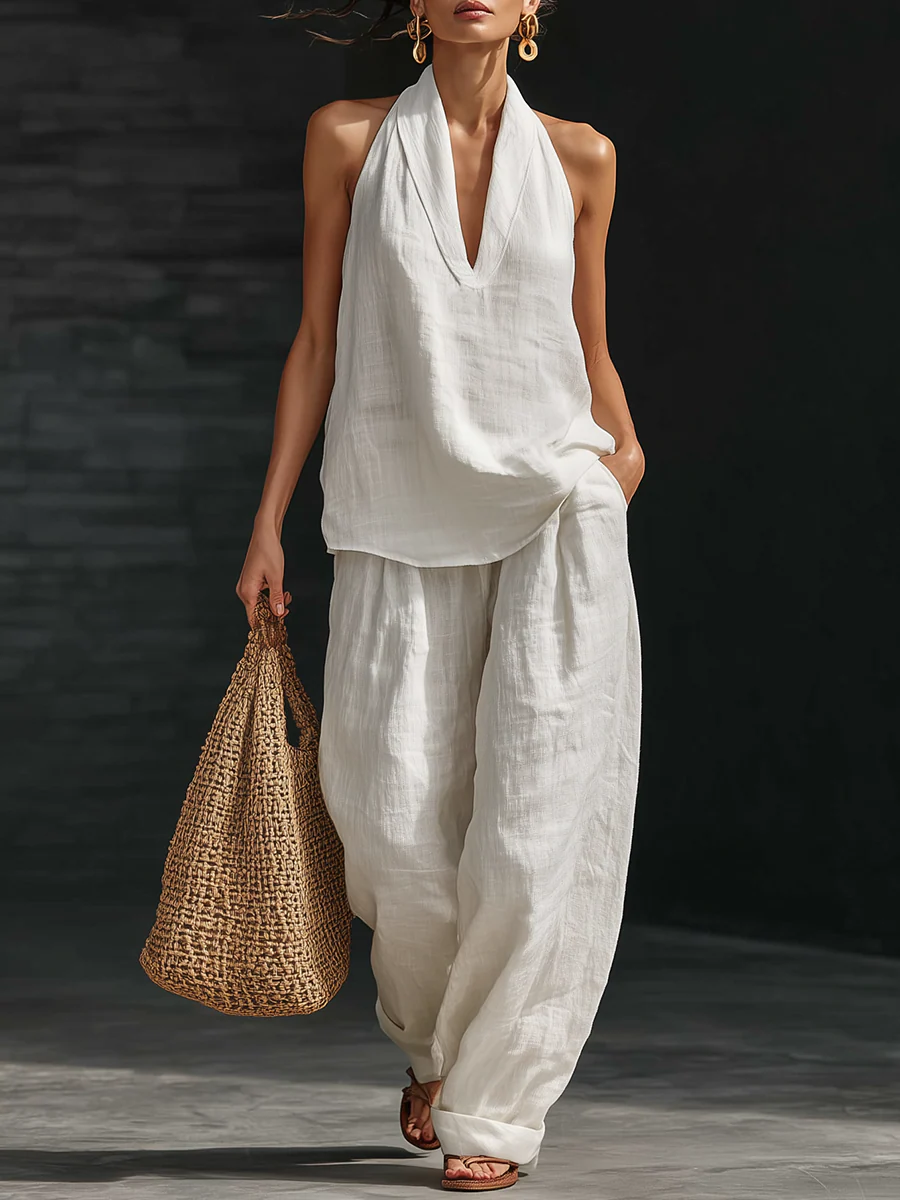 Set di due pezzi minimalista in lino, casual e accogliente