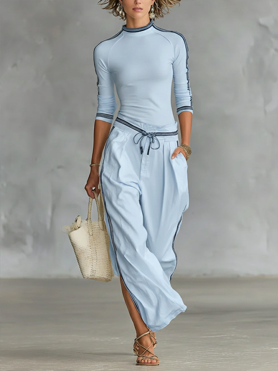 Set di Top in Maglia Stretch Confortevole da Donna e Pantaloni in Lino e Cotone