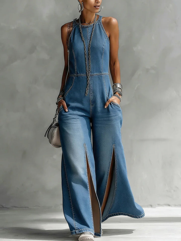 Salopette in Denim Senza Maniche Casual