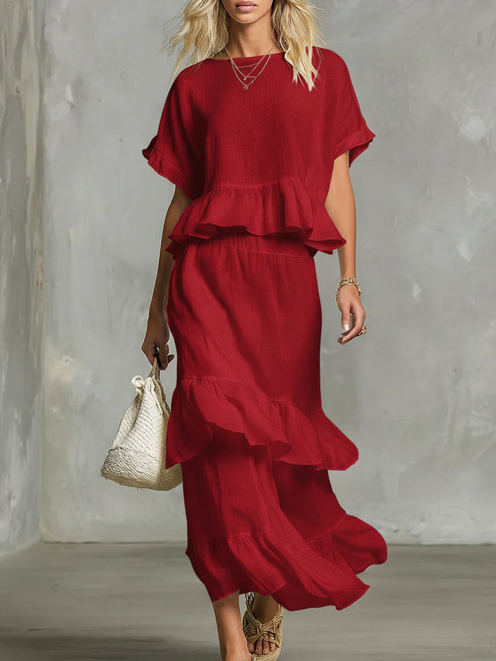 Set di Top e Gonna Ruffled in Lino e Cotone per Donna