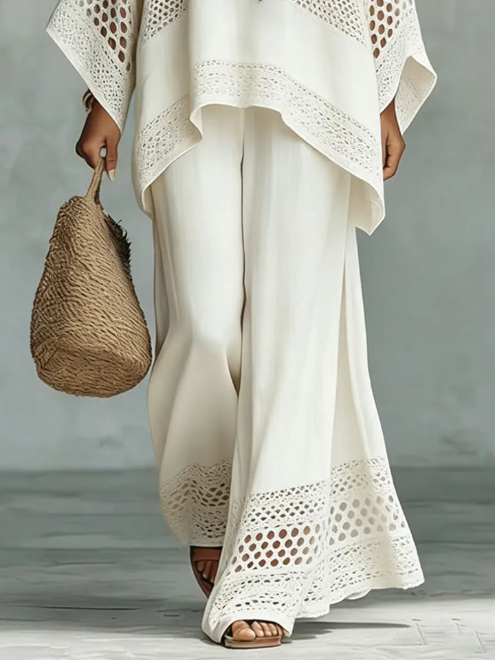 Pantaloni larghi in cotone e lino etnici vintage da donna, comodi e alla moda, set di due pezzi