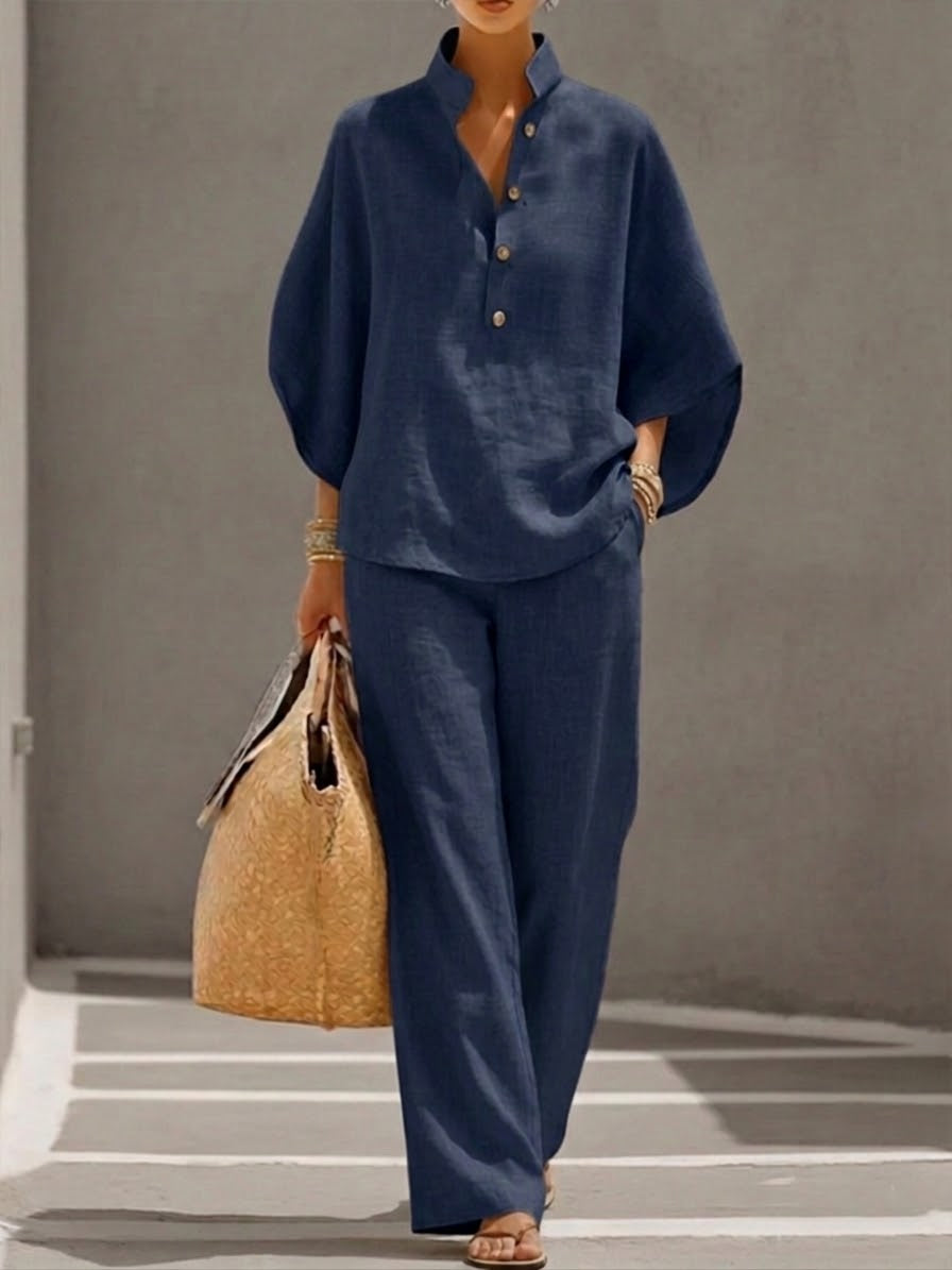 Set Due Pezzi in Lino e Cotone con Maniche a Pipistrello per Donne – Camicia Casual e Pantaloni a Gamba Larga