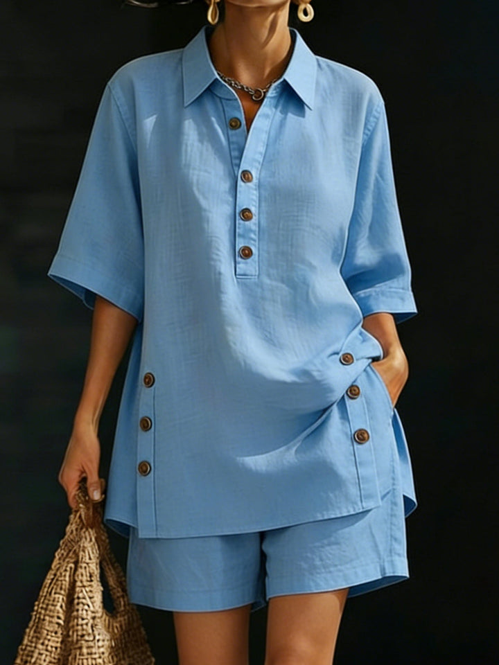 Set di Camicia e Pantaloni Corti in Lino per Donna – Outfit Estivo Casual e Comodo