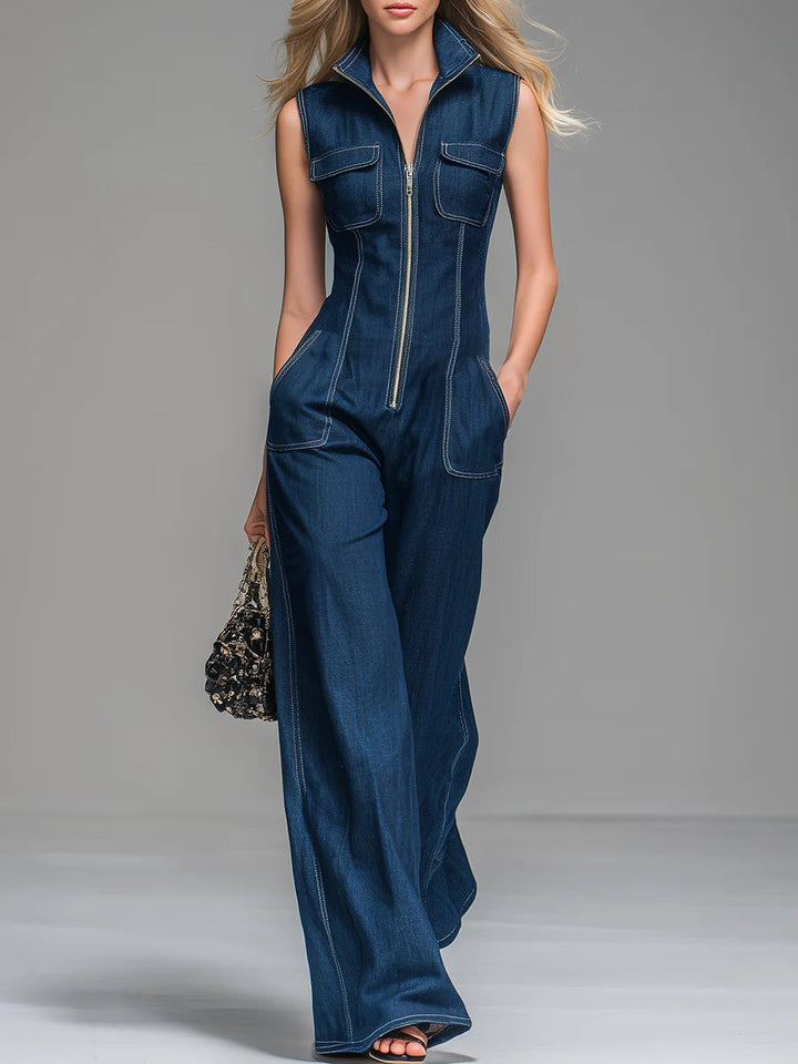Tuta in denim con zip 100% cotone casual da donna