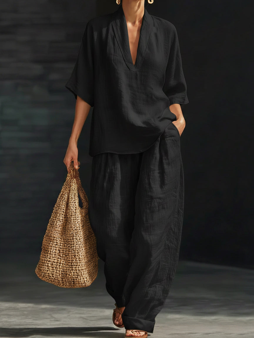 Set Due Pezzi Minimalista in Lino Casual e Confortevole