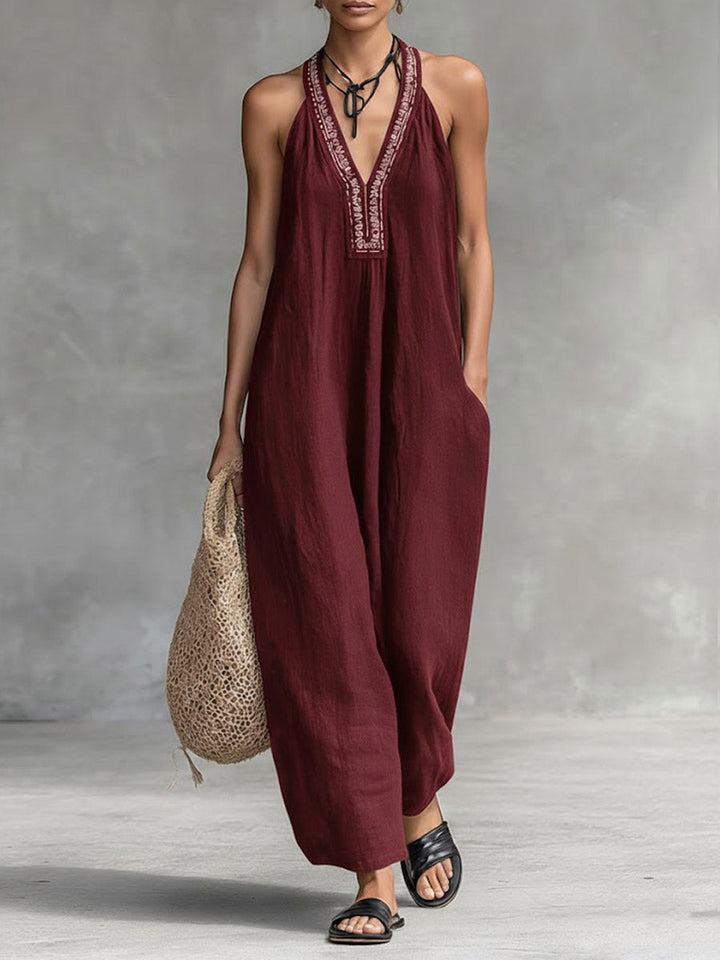 Salopette Donna Senza Maniche V-Neck a Collo Halter in Cotone Lino a Colore Unico