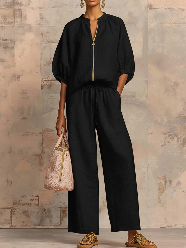 Set di Due Pezzi in Lino Cotone con Camicia Elegante e Pantaloni a Gamba Larga