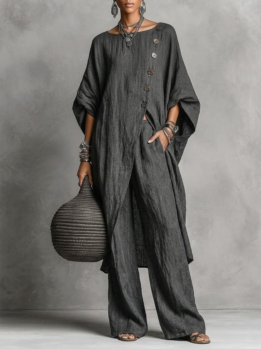 Set Due Pezzi Casual da Donna: Top Button-up con Fessura Laterale e Pantaloni Larghi