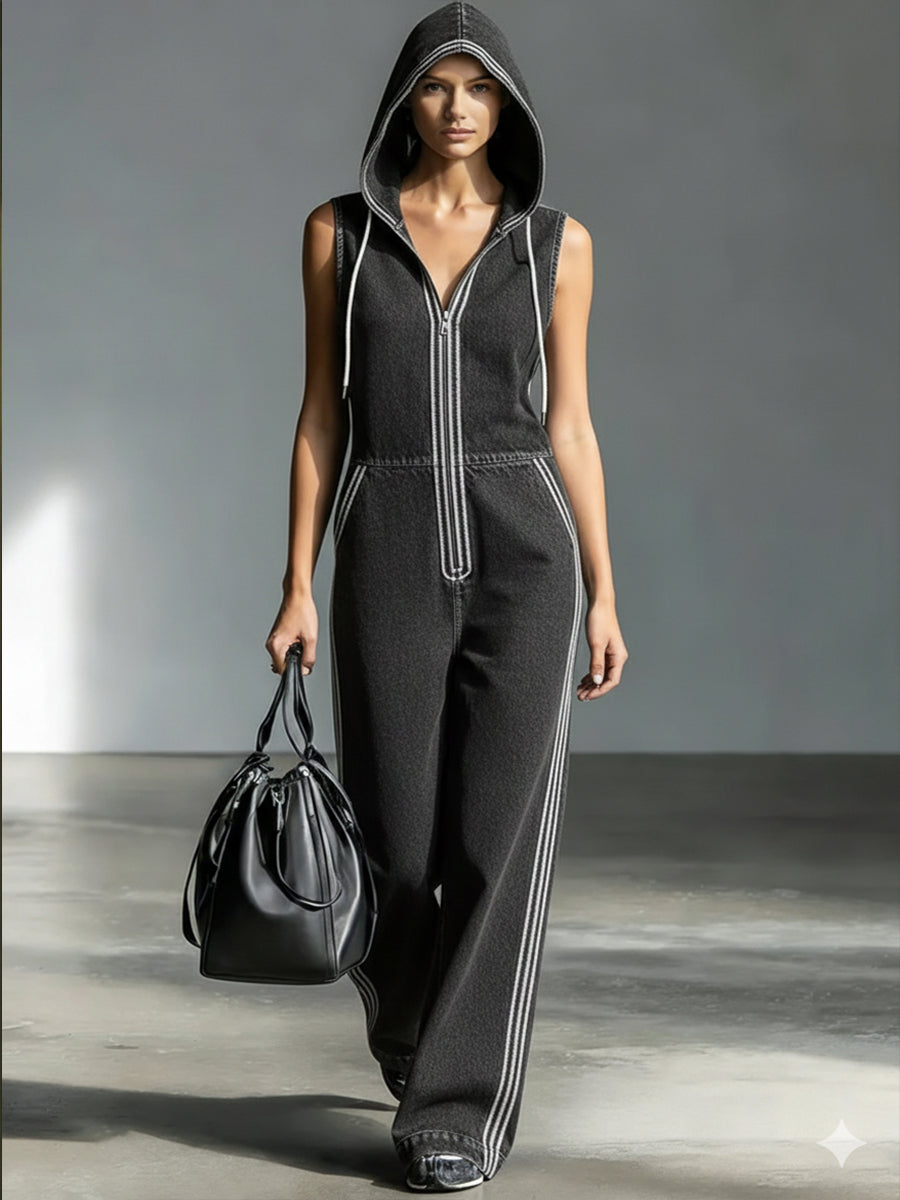 Salopette in Denim a Strisce Patchwork Casual con Cappuccio