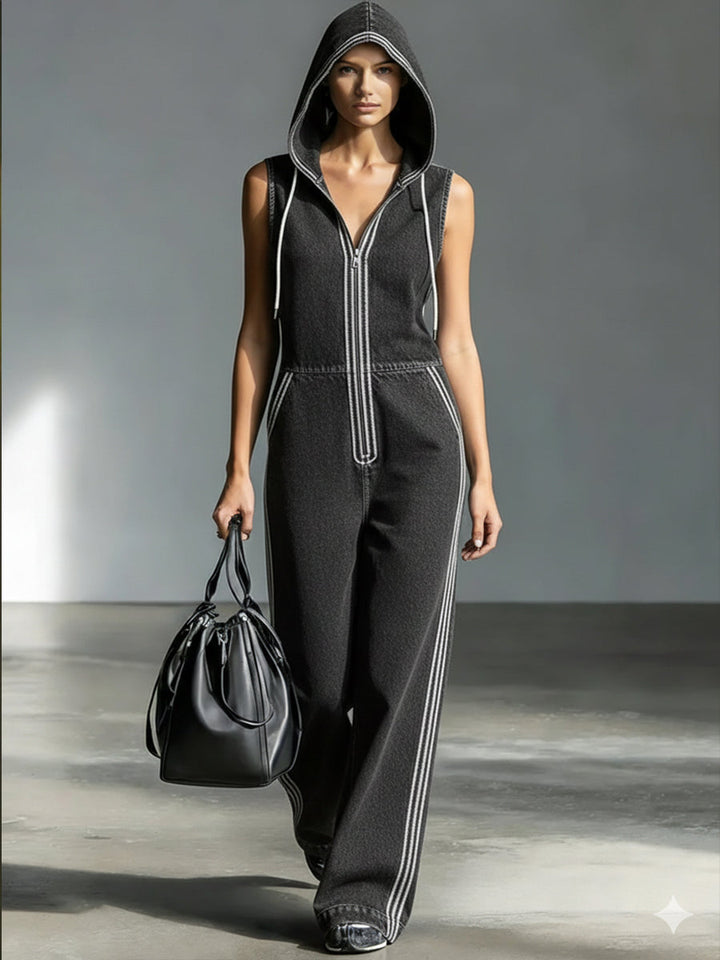 Salopette in Denim a Strisce Patchwork Casual con Cappuccio