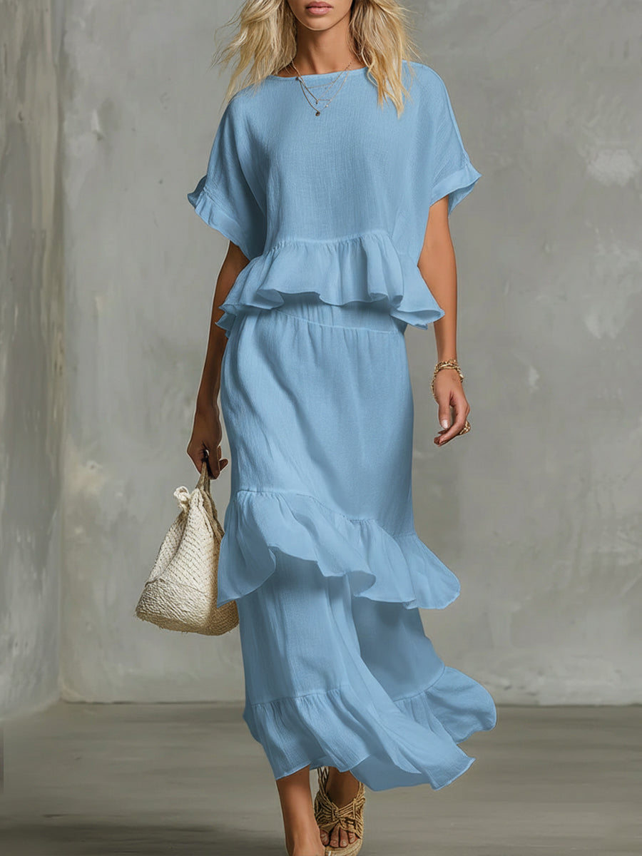 Set di Top e Gonna Ruffled in Lino e Cotone per Donna