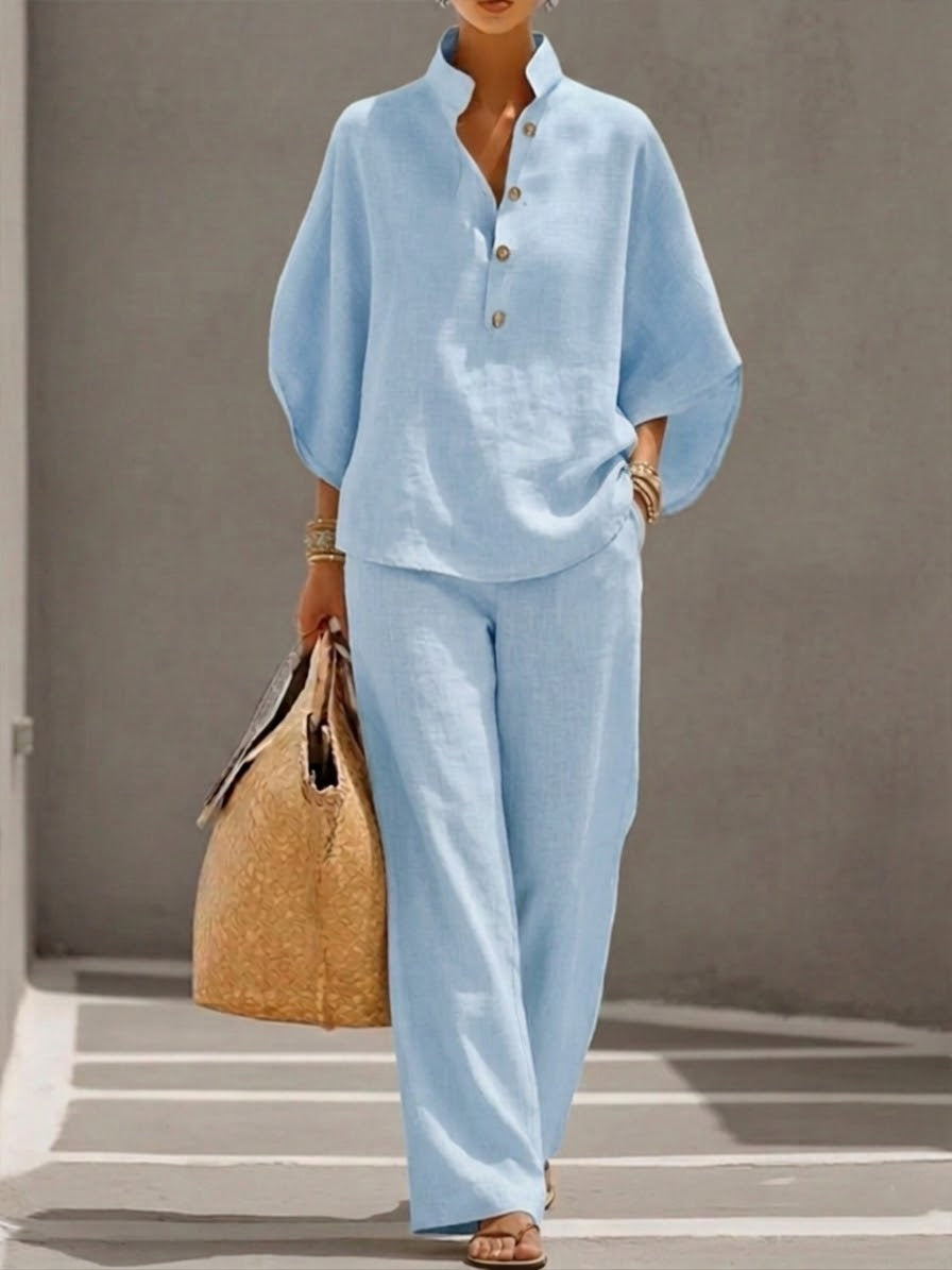 Set Due Pezzi in Lino e Cotone con Maniche a Pipistrello per Donne – Camicia Casual e Pantaloni a Gamba Larga
