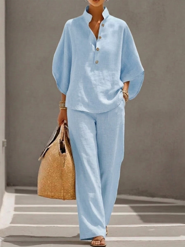 Set Due Pezzi in Lino e Cotone con Maniche a Pipistrello per Donne – Camicia Casual e Pantaloni a Gamba Larga