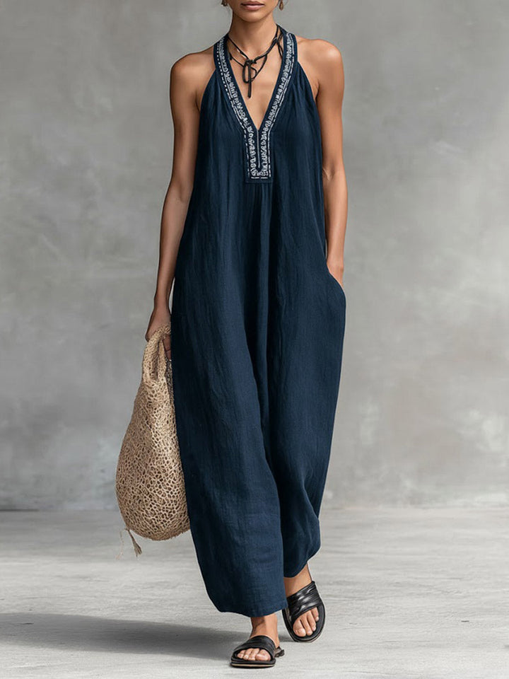 Salopette Donna Senza Maniche V-Neck a Collo Halter in Cotone Lino a Colore Unico