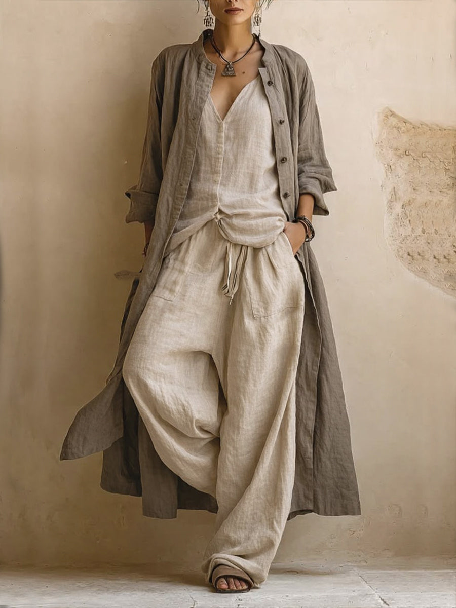 Set di tre pezzi: cardigan lungo e top senza maniche in lino e cotone bohemien casual