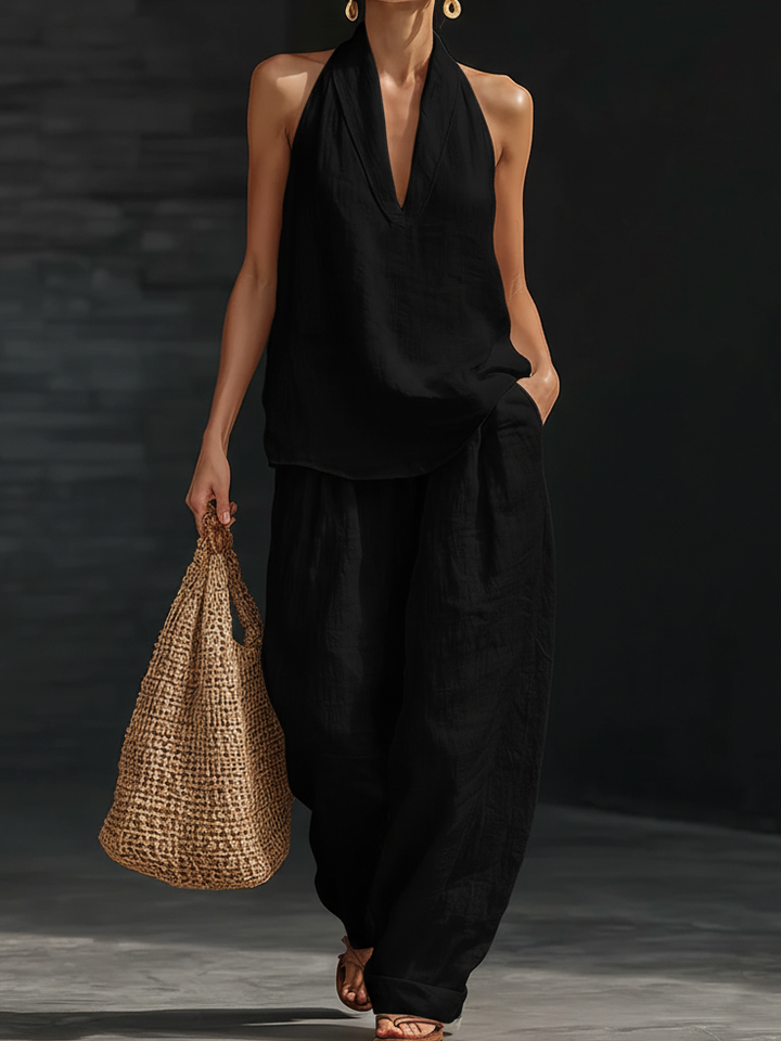 Set di due pezzi minimalista in lino, casual e accogliente