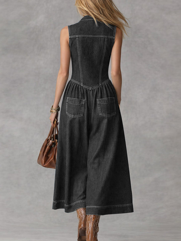 Tuta Denim Larga Senza Maniche da Donna con Collo a Revers
