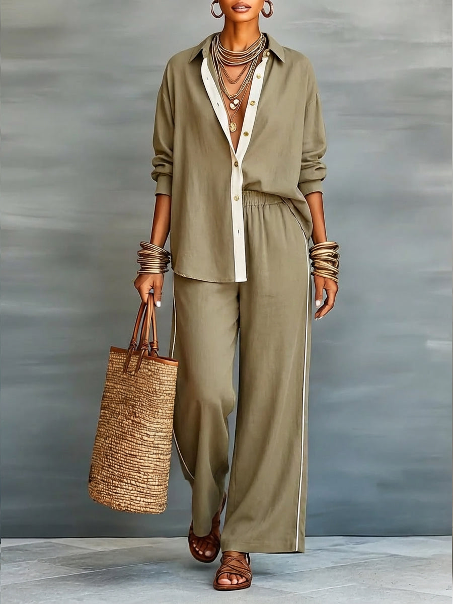 Set di due pezzi: Camicia in Lino e Cotone Casual e Pantaloni a Gamba Larga