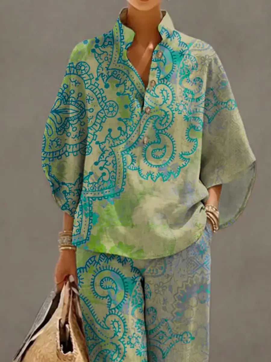 Top e Pantaloni Casual in Cotone Lino con Stampa Artistica Floreale Retro per Donna con Maniche 3/4