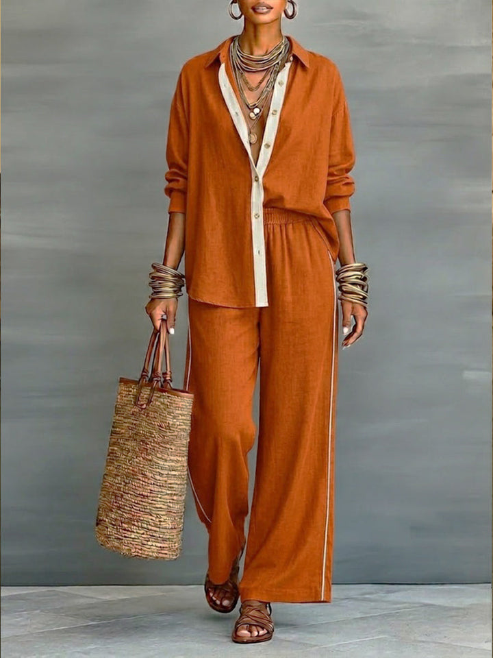 Set di due pezzi: Camicia in Lino e Cotone Casual e Pantaloni a Gamba Larga