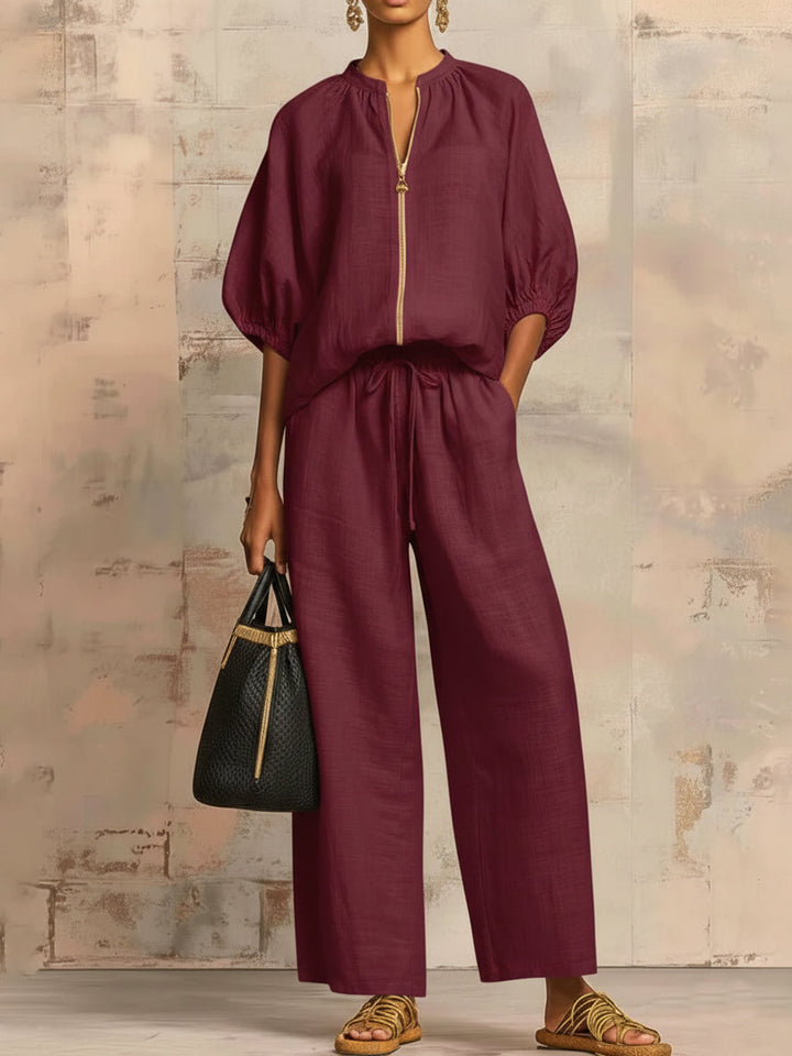 Set di Due Pezzi in Lino Cotone con Camicia Elegante e Pantaloni a Gamba Larga