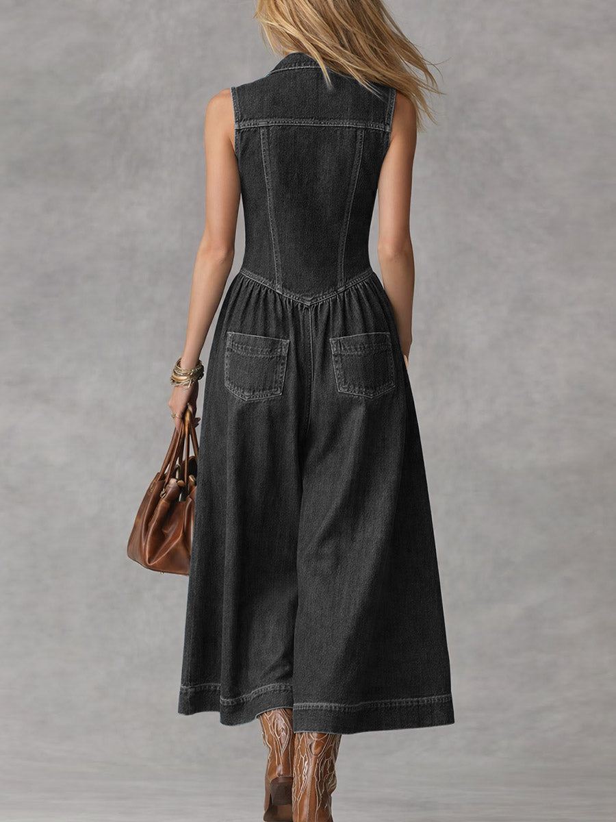 Salopette ampia in denim senza maniche da donna con colletto a revers