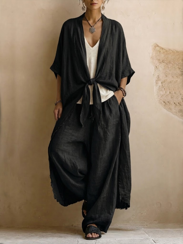 Set di due pezzi in lino e cotone in stile bohemien: cardigan lungo e pantaloni