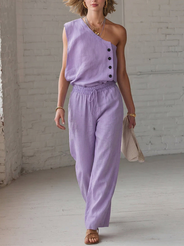 Camicia alla moda con spalle scoperte e pantaloni a gamba larga in cotone-lino, set di due pezzi