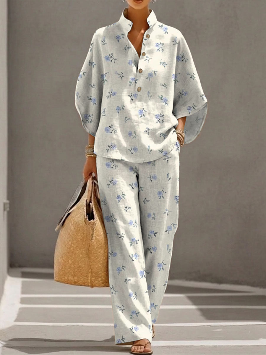 Set di due pezzi casual in cotone-lino con stampa floreale da donna