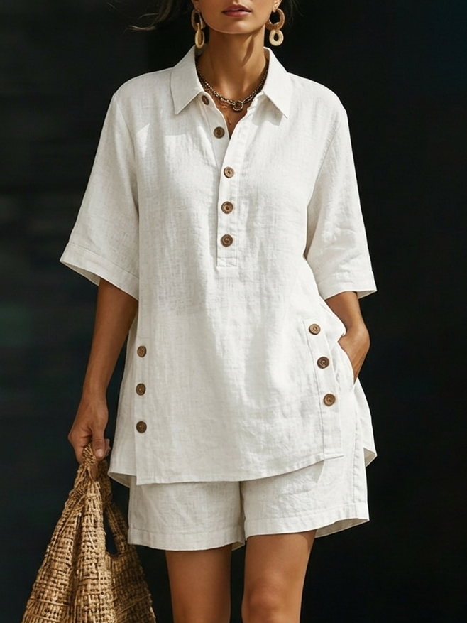 Set di Camicia e Pantaloni Corti in Lino per Donna – Outfit Estivo Casual e Comodo