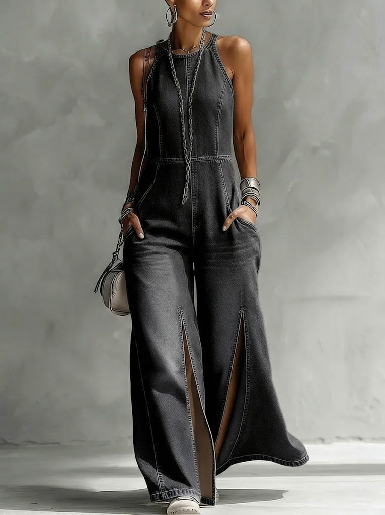 Salopette in Denim Senza Maniche Casual