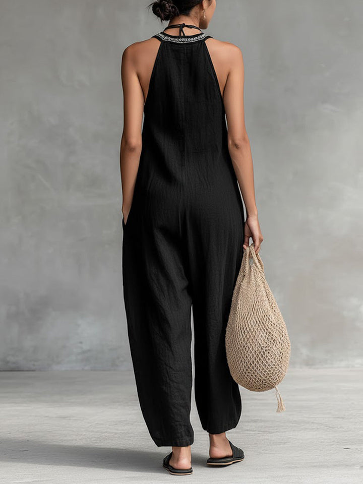 Salopette Donna Senza Maniche V-Neck a Collo Halter in Cotone Lino a Colore Unico