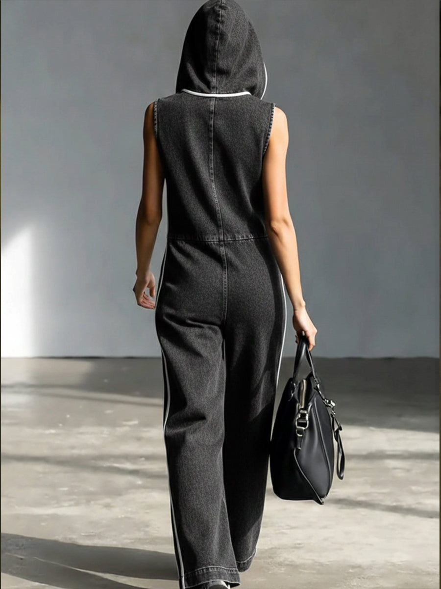 Salopette in Denim a Strisce Patchwork Casual con Cappuccio