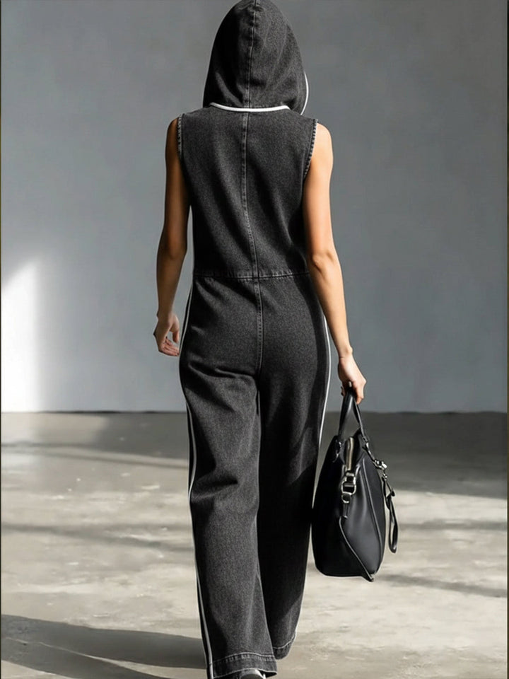 Salopette in Denim a Strisce Patchwork Casual con Cappuccio