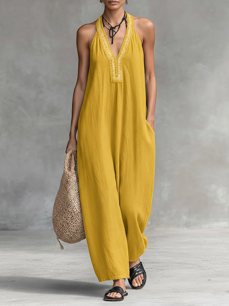 Salopette Donna Senza Maniche V-Neck a Collo Halter in Cotone Lino a Colore Unico