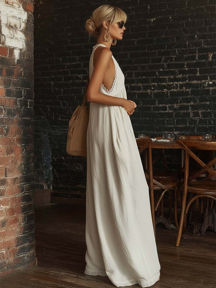 Elegante e Sexy Tuta in Pizzo con Scollo a V in Cotone e Lino