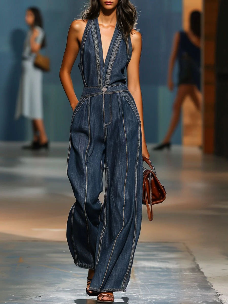 Salopette in denim senza maniche con scollo a V e gambe larghe per donne