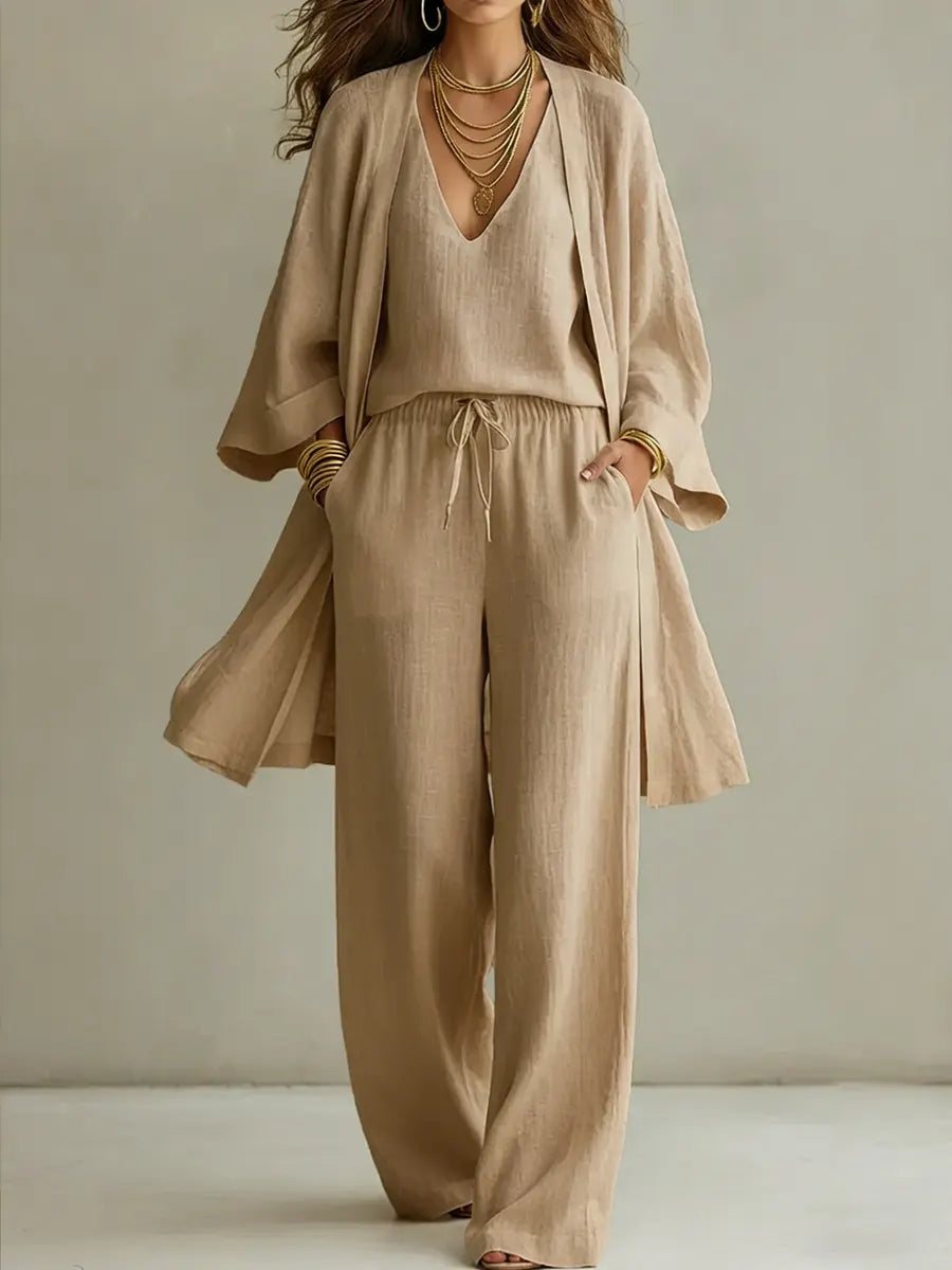 Set di Pantaloni Larghi Minimalisti in Cotone e Lino per Donna