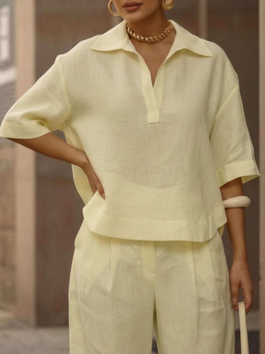 Set di Camicia e Pantaloni a Gamba Larga in Lino e Cotone per Donna